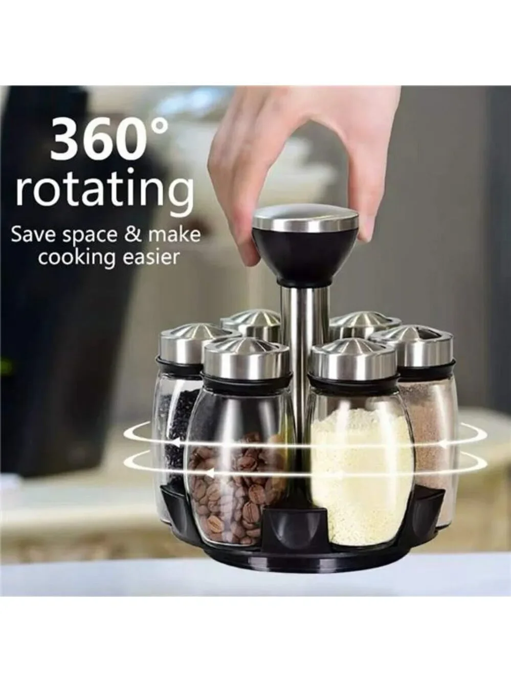 revolving spice rack organizer with 6 glass jars rotating kitchen countertop hol